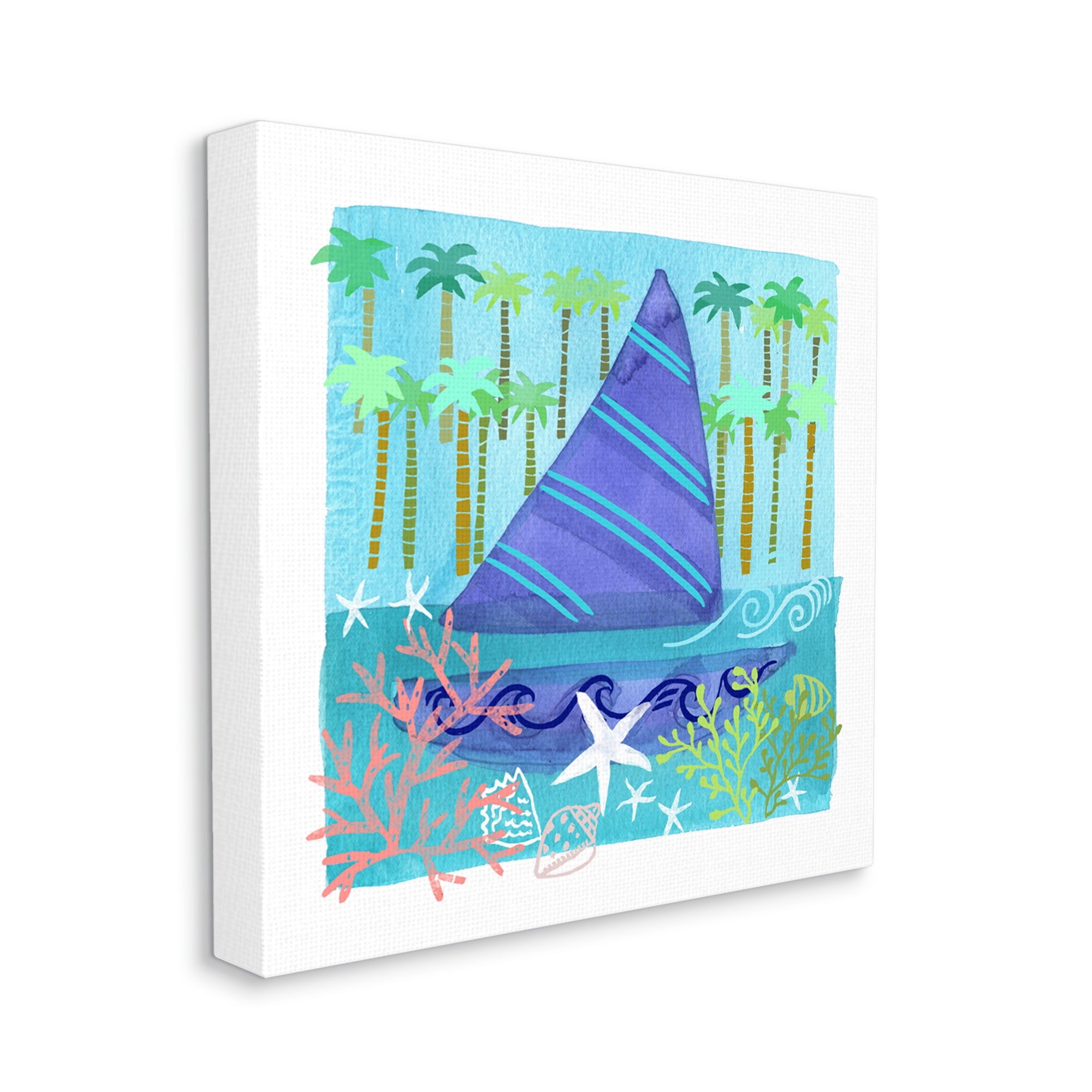 Stupell Industries Funky Sailboat Coastal Layered Palm Trees Seashells Graphic Art Gallery Wrapped Canvas Print Wall Art, Design by unknown