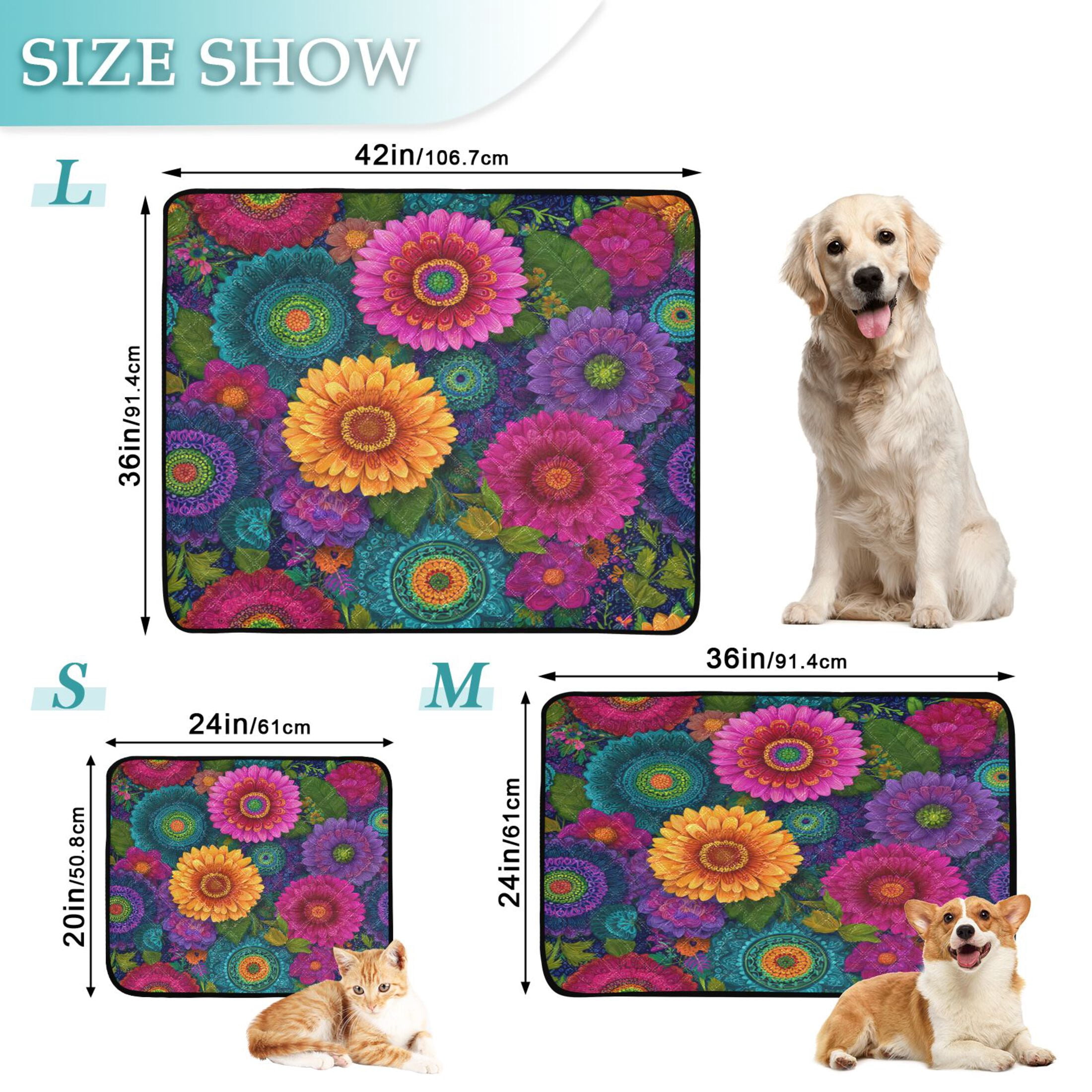 Washable Pet Pee Pads with Super Absorbent Reusable Training Pads for Dogs & Cats Colorful Blooming Flowers