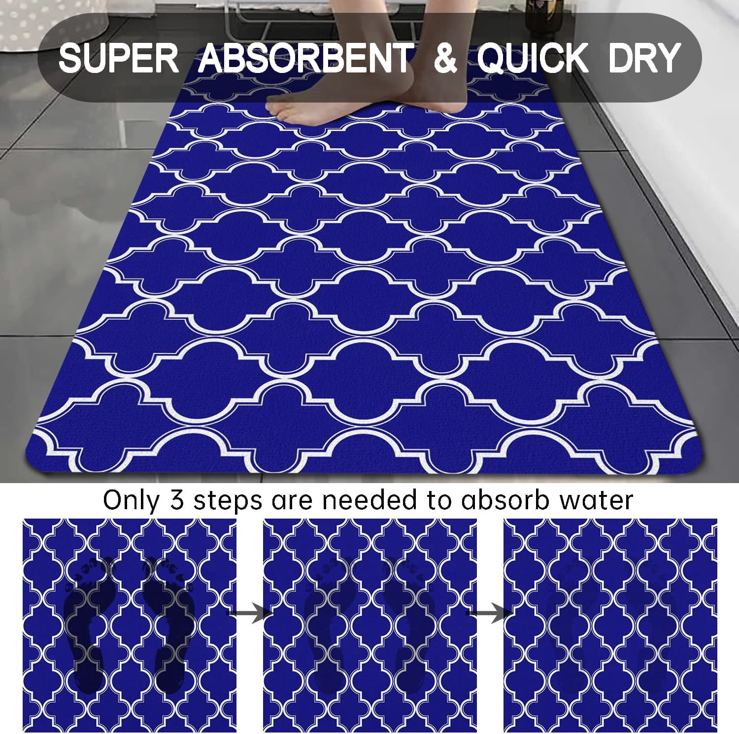 Navy Blue Bath Mat 20"x32" Non Slip Quick Dry Super Water Absorbent Modern Bathroom Rug Washable Luxury Dark Blue Thin Bathroom Rugs Fit Under Door