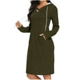 thumbnail image 3 of Swuxness Women Hoodie Long Sleeve Sweatshirts Dress, Women Mid Length Dresses, Women's Solid Color V Neck Hooded Knee Length Sweatshirt Dress with Pockets Army Green, S, 3 of 5