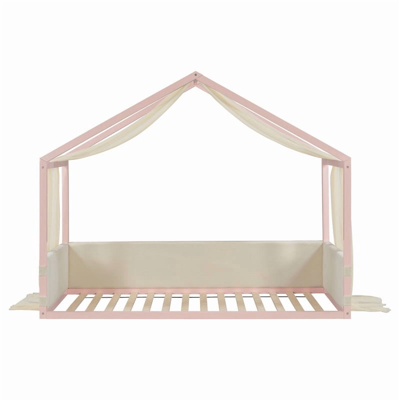 Twin Size Canopy Bed with Upholstered Velvet Side Panels and Breathable Gauze Canopy, Soft-Padded Platform Bed Floor Bed Kids Montessori Bed for Bedroom