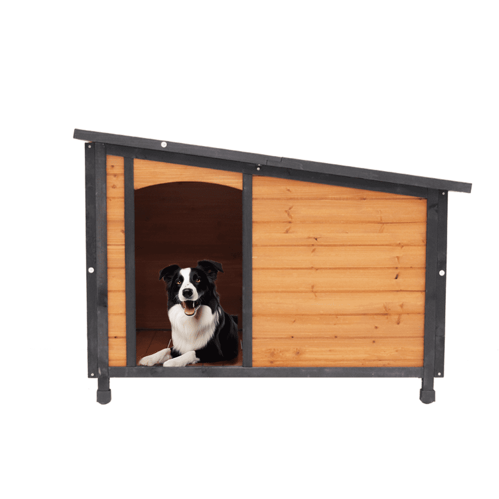 AUU 46" Weatherproof Wooden Dog House for Large Dogs, Indoor/Outdoor Kennel with Raised Feet, PVC Roof, Gold Red & Black Finish