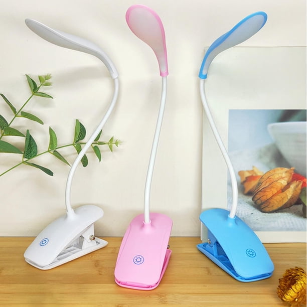 Lámpara de escritorio con clip y carga USB - Luz de lectura LED, lámpara portátil de noche en la mesilla con clip resistente y cuello de gallina flexible, azul/rosa/blanco, 15x10x6,5cm
