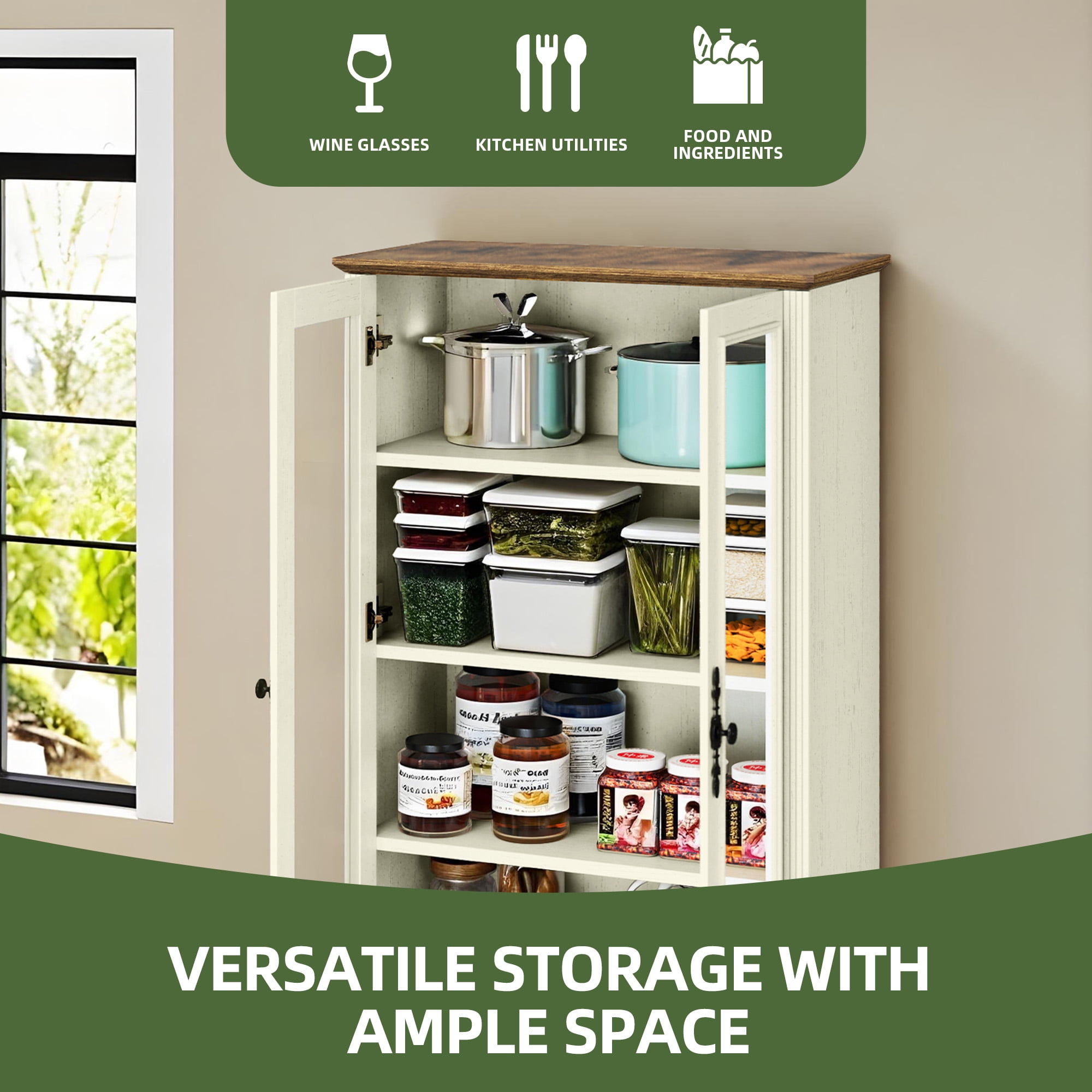 Uforic 76'' Kitchen Pantry Cabinet with 2 Drawers, Tall Storage Cabinet with Glass Doors & Adjustable Shelves, Beige