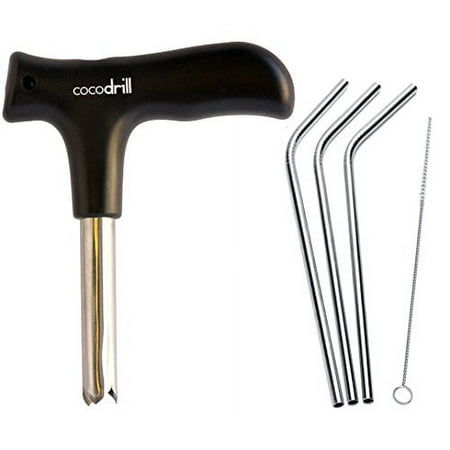 CocoDrill Coconut Opener Tool + 3 Reusable Straws Stainless Steel Drinking Straw + Cleaner Eco Friendly, SAFE, NON-TOXIC