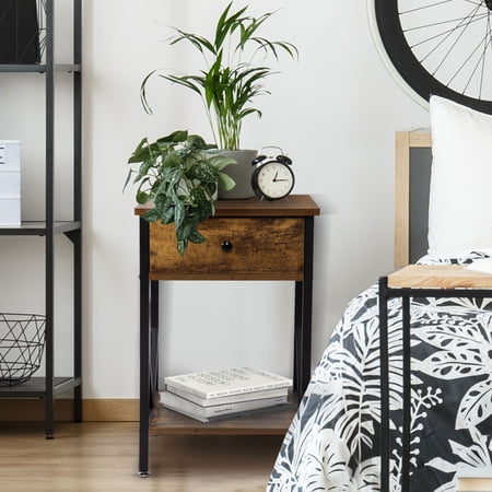 CoSoTower Set Of 2 Nightstand Industrial End Table With Drawer  Storage Shelf And Metal Frame For Living Room  Bedroom  Rustic Brown
