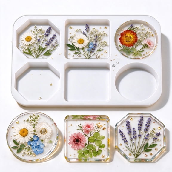 PMHZI 6-Cavity Coaster Resin Mold Set, Round Square Octagon Epoxy Molds for Dried Flower, Crafts, Jewelry