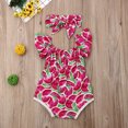 thumbnail image 3 of Wassery Infant Baby Girl Clothing Set Watermelon Print Bodysuit Off Shoulder Romper Ruffle Sleeve Jumpsuit + Headband 2Pcs Summer Outfit Set 0-3T, 3 of 8