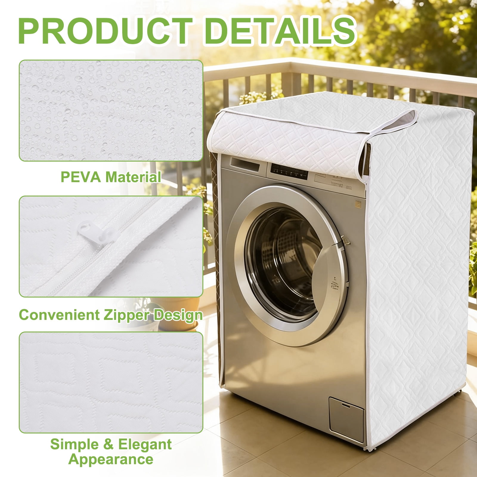 Washer and Dryer Covers 24"x24"x33"- Waterproof, Dustproof PEVA Front Load Washing Machine Cover with Zipper for Laundry Room Balcony, White
