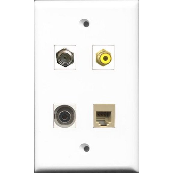 RiteAV 1 Port RCA Yellow and 1 Port Coax Cable TV- F-Type and 1 Port Phone RJ11 RJ12 Beige and 1 Port 3.5mm Wall Plate