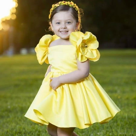 

Tejiojio Girls and Toddlers Soft Cotton Clearance Toddler Girls Solid Color Retro 3D Flowers Short Sleeve Birthday Party Gown Kids Dresses