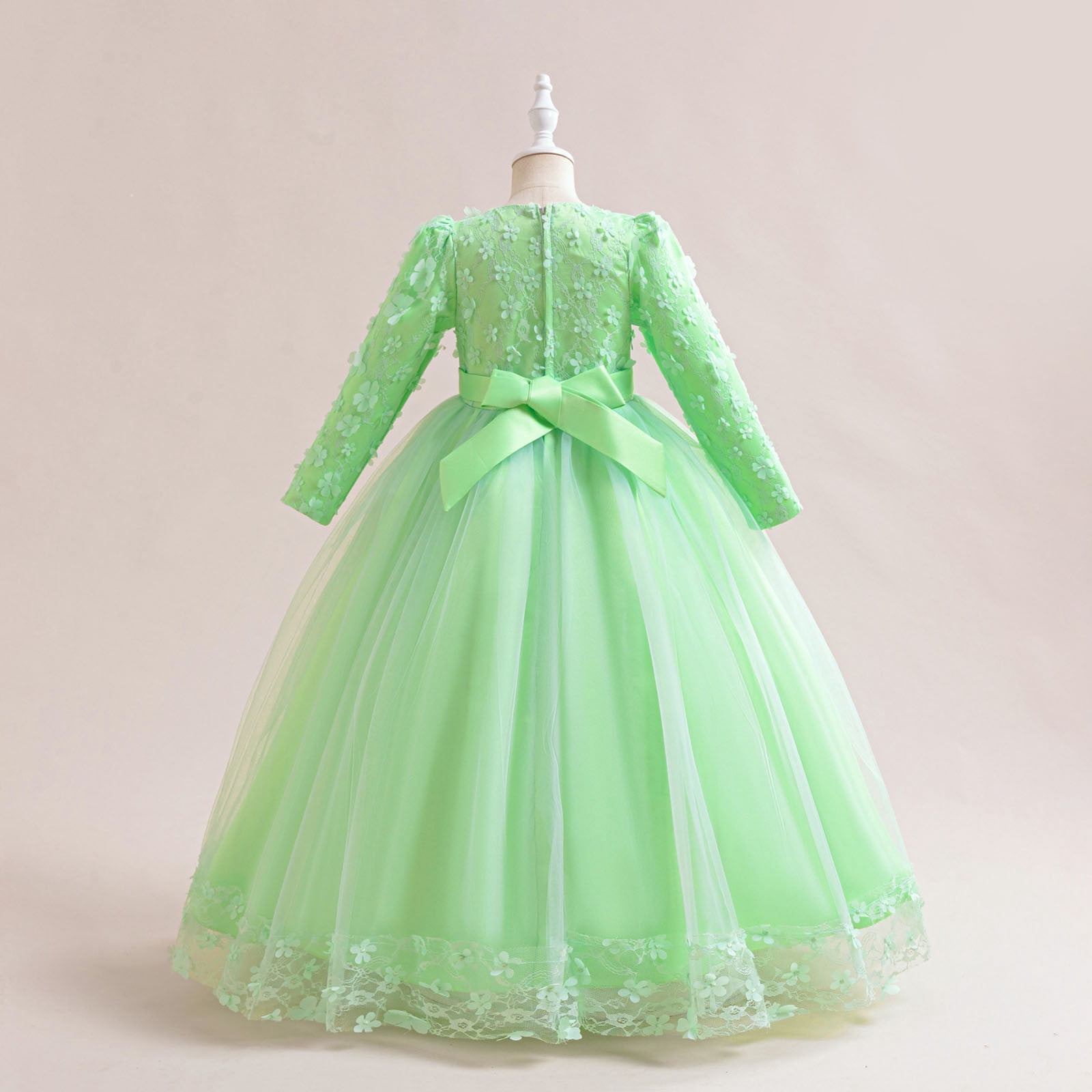 JSGEK Girls Flower Vintage Floral Lace 3/4 Sleeves Floor Length Dress Wedding Party Evening Formal Pegeant Dance Gown Green 9-10Years