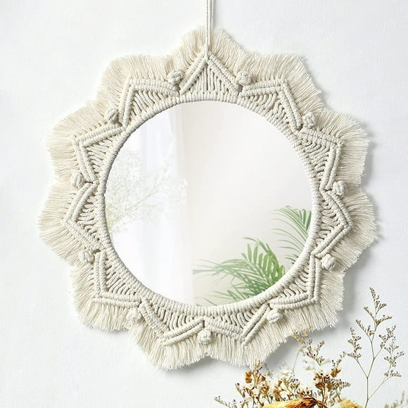 Wall Mirror, Art Decor Mirror, Macrame Fringe Mirrors, Round Decorative Ornament for Bedroom Living Room Decor