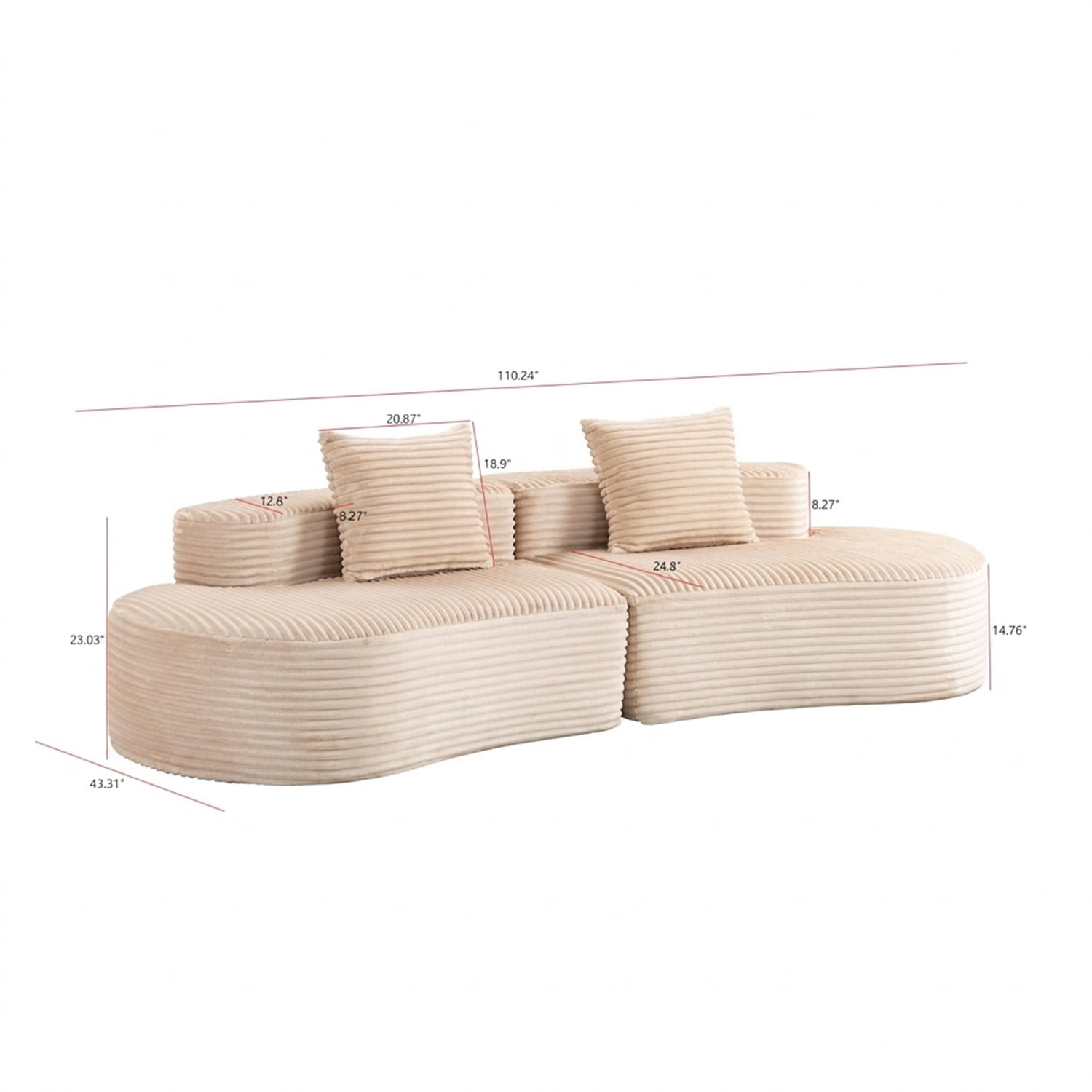 Hommoo 110" Full Curved Compressed Sofa, Corduroy 2-Seater Cloud Couch Upholstered Sofa with 2 Lumbar Pillows, for Living Room & Bedroom, Beige