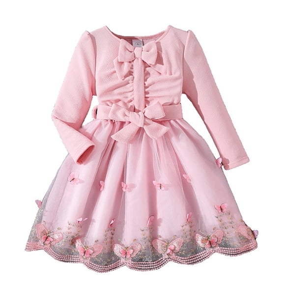 WOYY Girls Bow Long Sleeve Dress Mesh Birthday Party Princess Dresses, Pink, Sizes 3-7