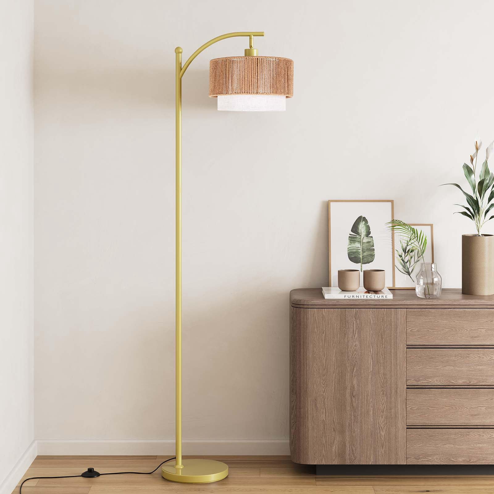 Floor Lamps For Living Room With 12w Led Bulb  Arc Lamp 3 Color Temperatures Farmhouse Adjustable Rattan & Fabric Shades Boho Standing Bedroom Corner