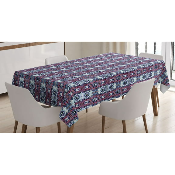 Aztec Tablecloth, Rhythmic Abstract Modernized Prehistoric Tribal Print, Rectangle Satin Table Cover Accent for Dining Room and Kitchen, 60" X 84", Coral Purple, by Ambesonne