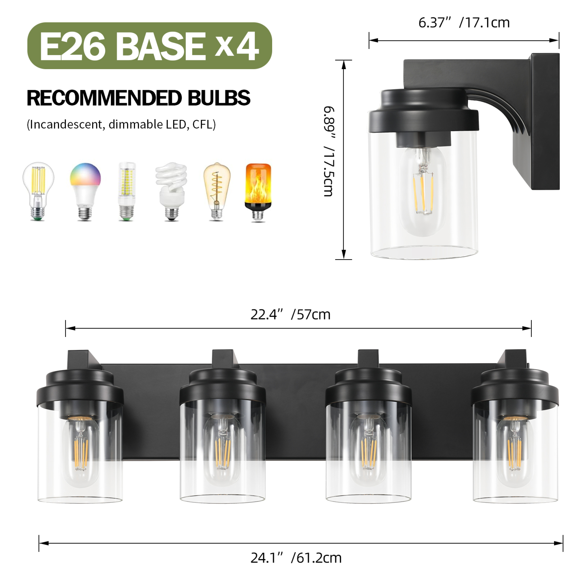 Leumius 4-Light Bathroom Light Fixtures Over Mirror Bathroom Vanity Light, Black Vanity Lights with Clear Glass Shade, Modern Bathroom Light Fixtures for Bedroom, Hallway(No Bulbs)
