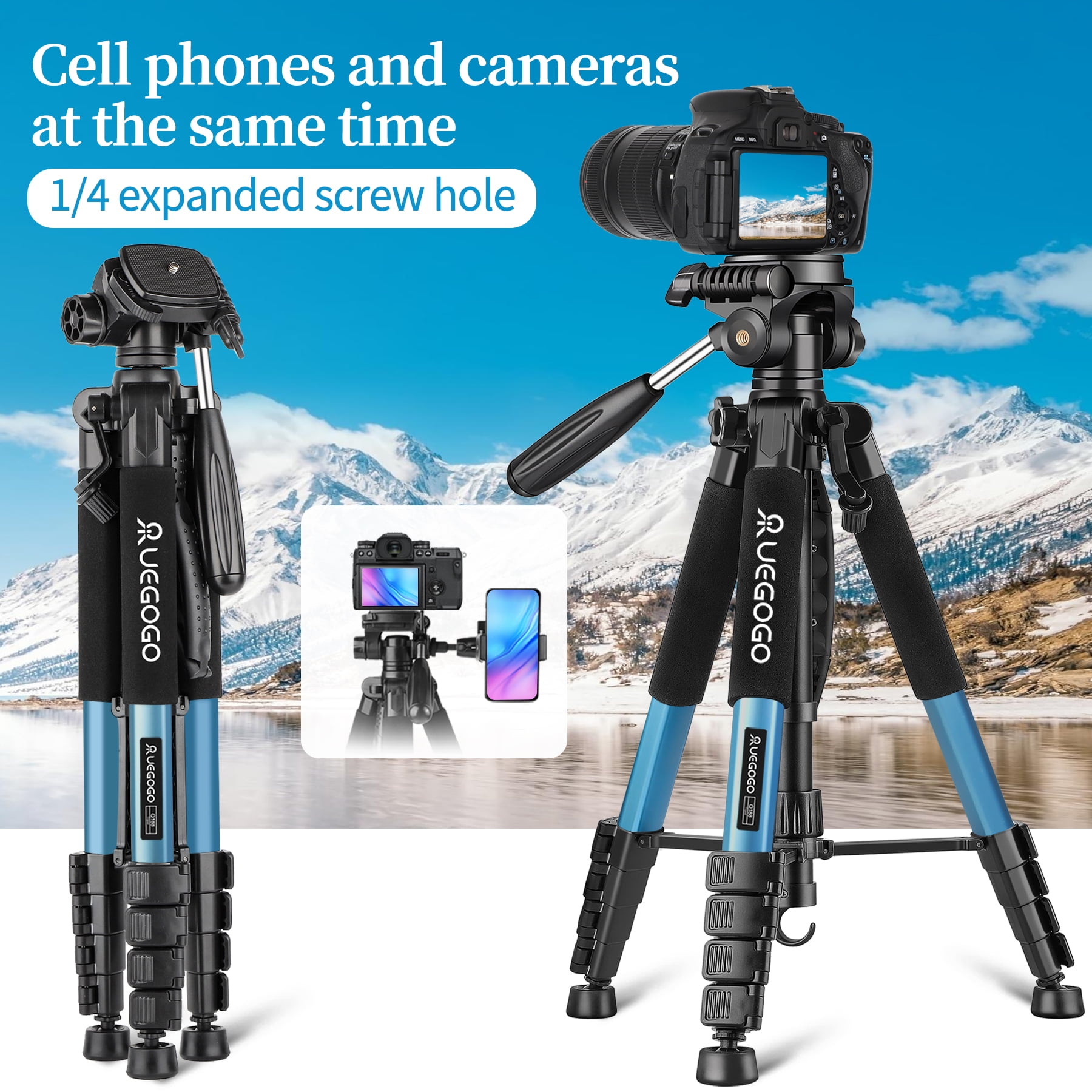 UEGOGO 74-inch camera tripod with travel bag, expandable camera tripod, T-phone stand + quick mounting pad, mobile phone live stand tripod removable pylon camera tripod