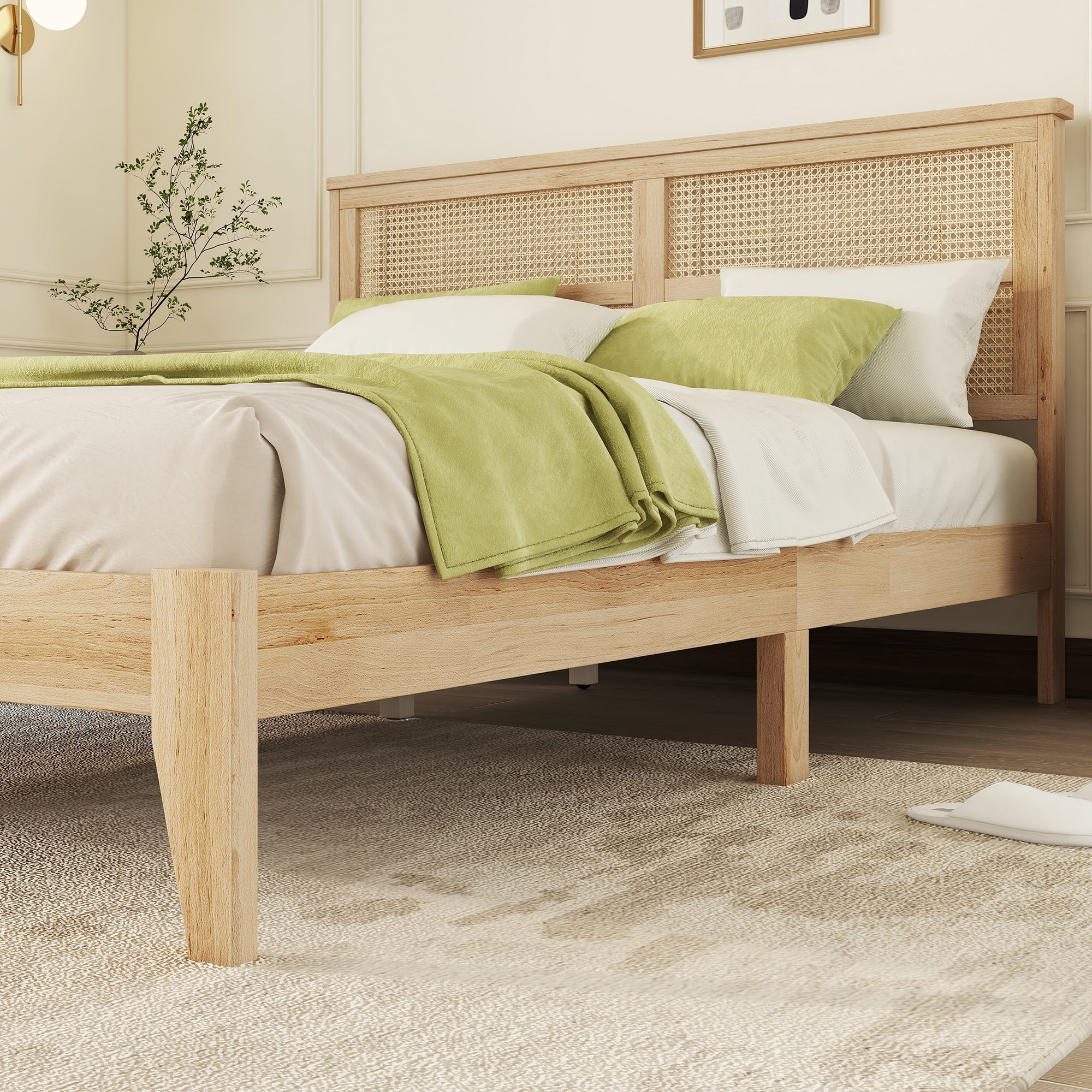Llinc Store Queen Size Solid Wooden Bed Frame with Rattan Headboard, Enhanced By Extra Middle Support Feet (Natural)