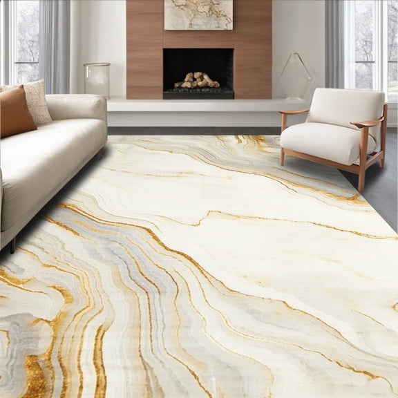 ODIKA 4'x6' Machine Washable Non-Slip Area Rug, Marbled Beige High Traffic Rug, Beige, 209334