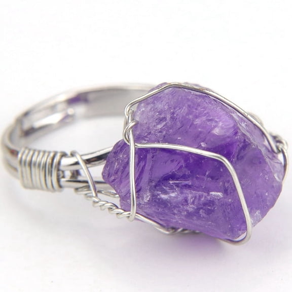 Namzi-b natural handmade ring, suitable for men and women to wear, personalized silver copper wire hand wrapped natural stone ring, adjustable ring for women (purple)