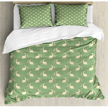 Hare Duvet Cover Set Queen Size, Funny Animals Jackrabbits with Floral Wreath Wildlife Mammals Exotic Safari, Decorative 3 Piece Bedding Set with 2 Pillow Shams, Cream Reseda Green, by Ambesonne
