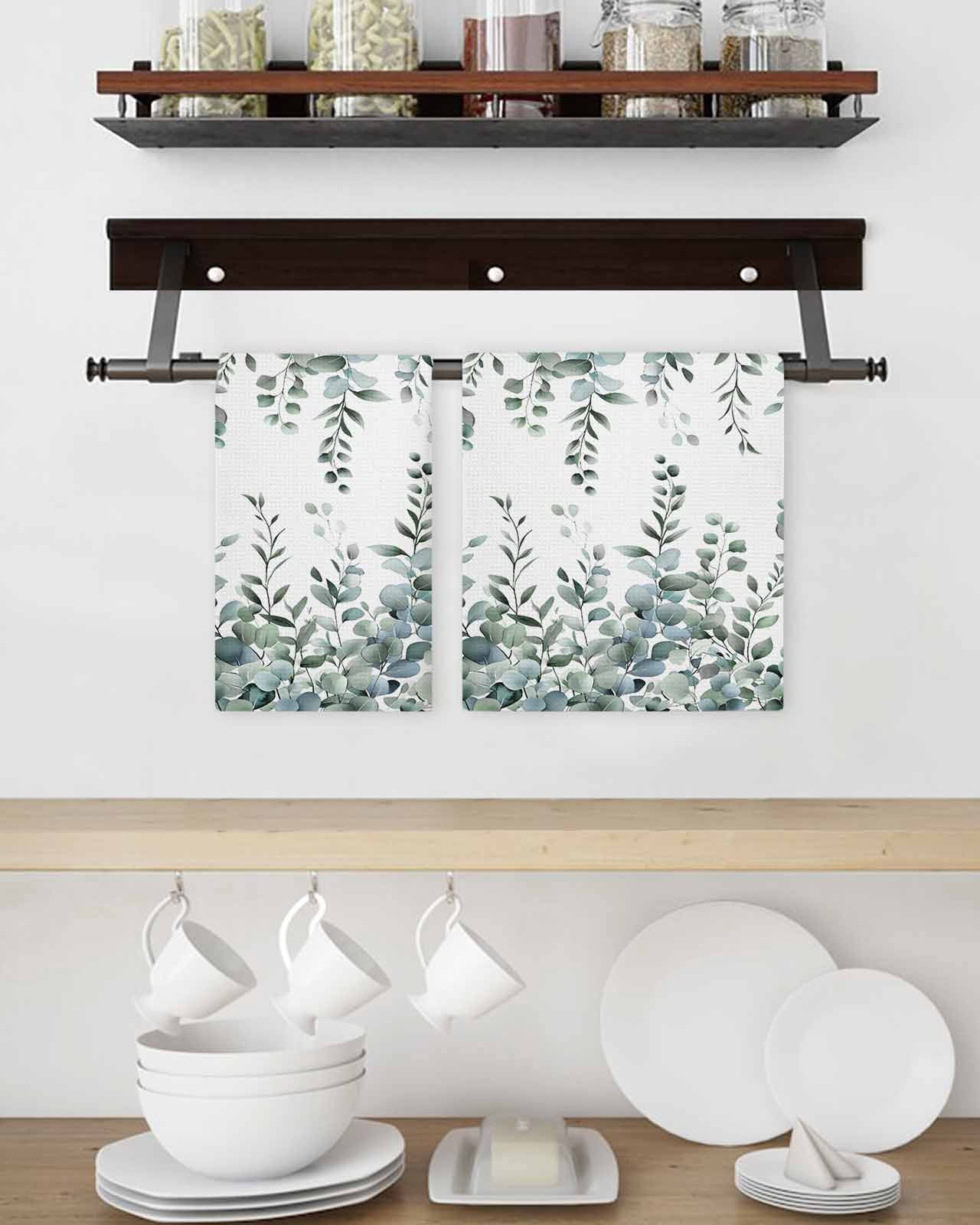 Green Eucalyptus Leaves Hand Towels Set, Waffle Weave Kitchen Towels 2 Pieces, Summer Botanical Watercolor Microfiber Hair Face Bath Tea Towel Absorbent Quick Drying Cleaning Dish Cloths 15.7"x23.6"