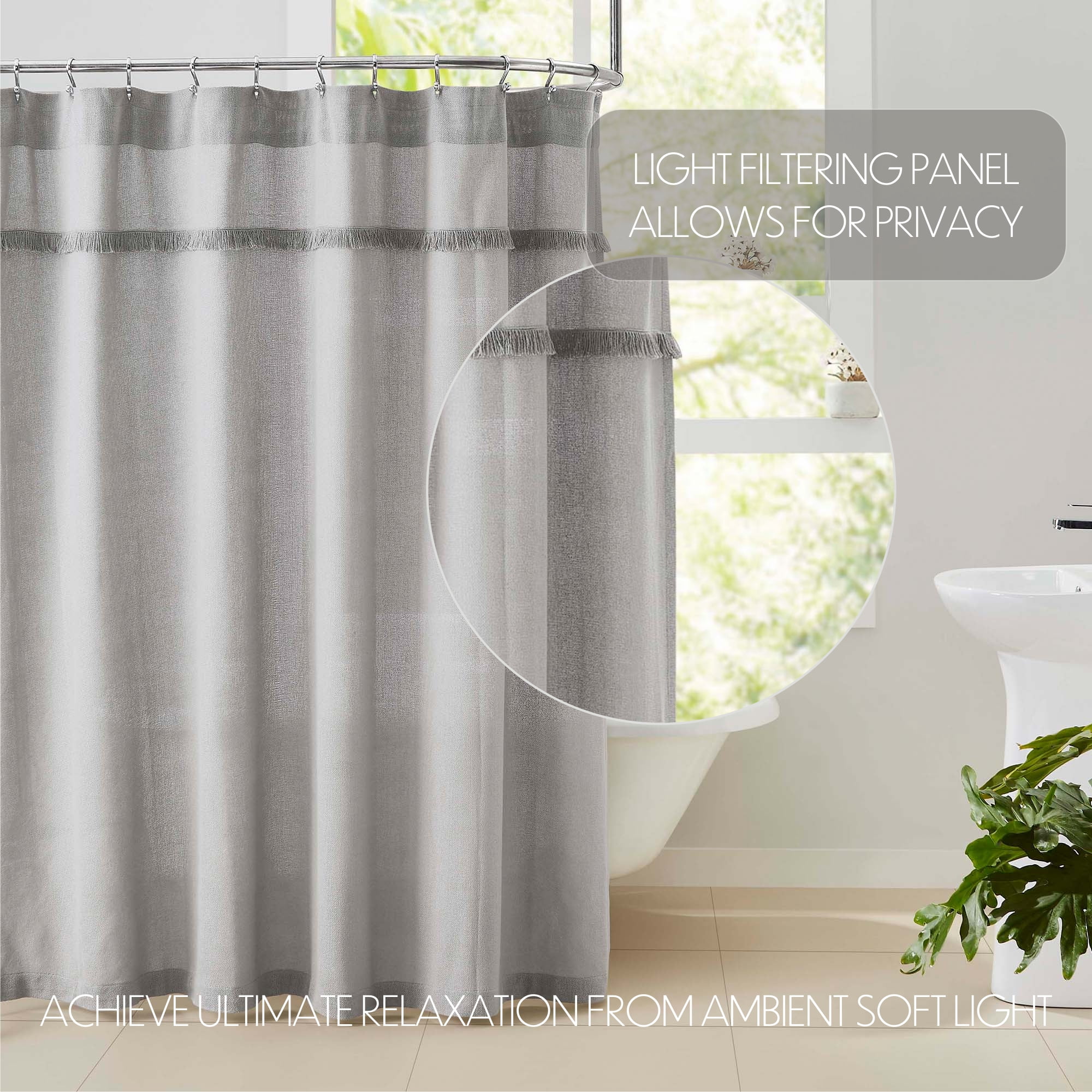 VHC Brands Burlap Dove Grey Fringe Farmhouse Unlined Shower Curtain 72x72