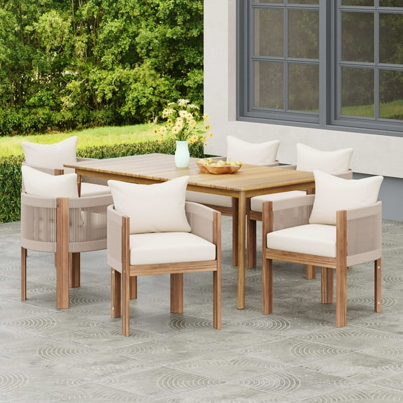 Christopher Knight Home 7-Piece Outdoor Dining Set, Wood Table & Handwoven Rope Chairs with Beige Cushions