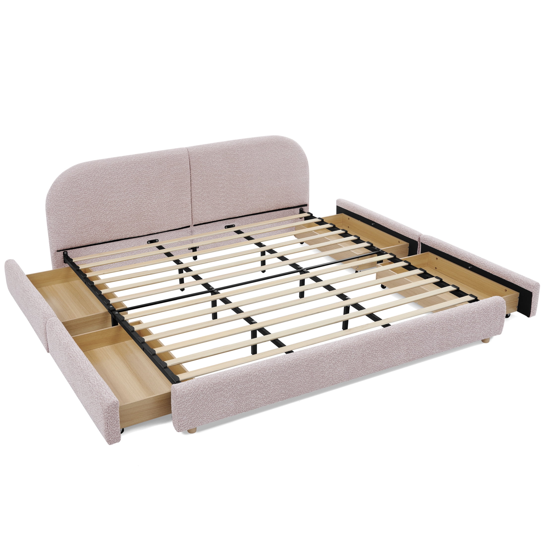 Noble House Elbert King Size Upholstered Bed Frame, Circle Yarn Tall Curved Headboard with Storage Drawers, Pink