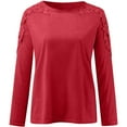 thumbnail image 4 of Red Women's Long Sleeve T-shirt, Women'S Round Neck Solid Color Hollow Stitching Long Sleeved T Shirt,Women's Long sleeve T-shirt S, 4 of 5