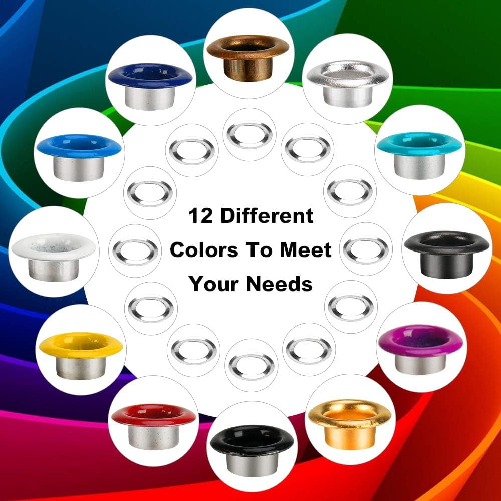 ABCISI Metal Eyelets, 600Pcs 12 Colors 3/16 inch Metal Grommets Kit, Multi-Color Grommets Kit, Metal Eyelets Set with 3 Pieces Installation Tool and Storage Box for DIY Shoes Clothes Crafts Bag
