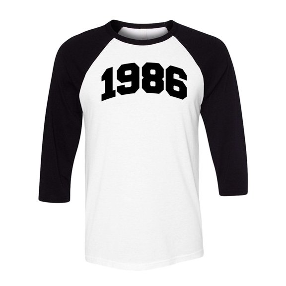 1986 College Style Three-Quarter Raglan Sleeve Baseball Shirt Unisex Large White/Black
