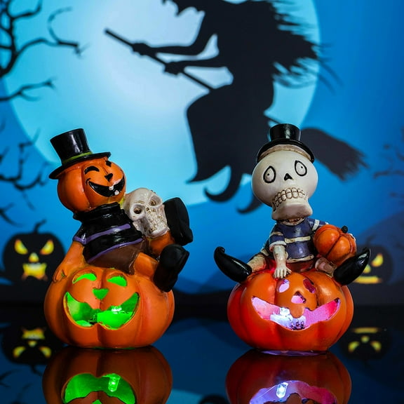 Halloween Pumpkin Decorations Glow Skull Pumpkin Light, A Pair of Ceramic Pumpkin Decor for Home Bar Party
