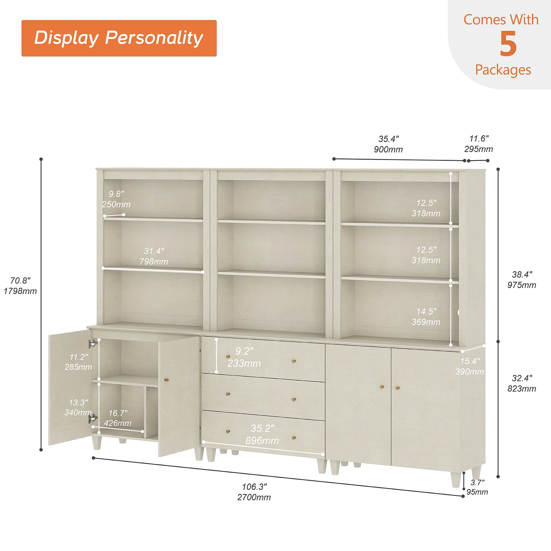 71" Tall Pantry Cabinet Set of 3, 5-Tier Kitchen Storage Pantries with 2 Cabinets and 3 Drawers, Modern Modular Storage Cabinets for Dining Room, Beige