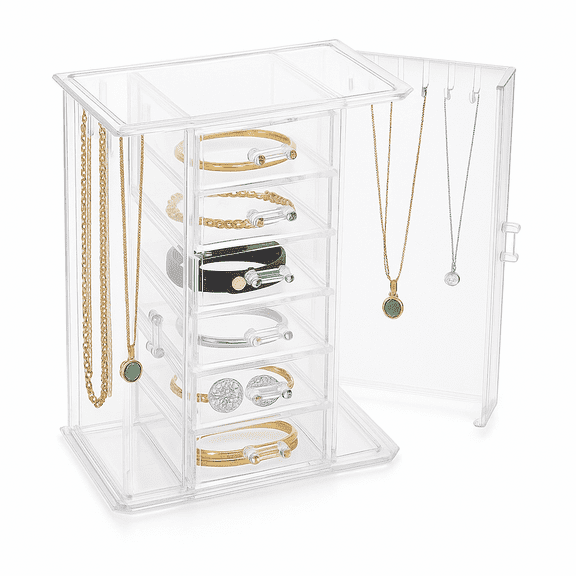 OnDisplay Clear Acrylic Jewelry Organizer Box with 6 Drawers and Side Hooks – Makeup, Necklace, and Accessory Storage for Dresser or Vanity