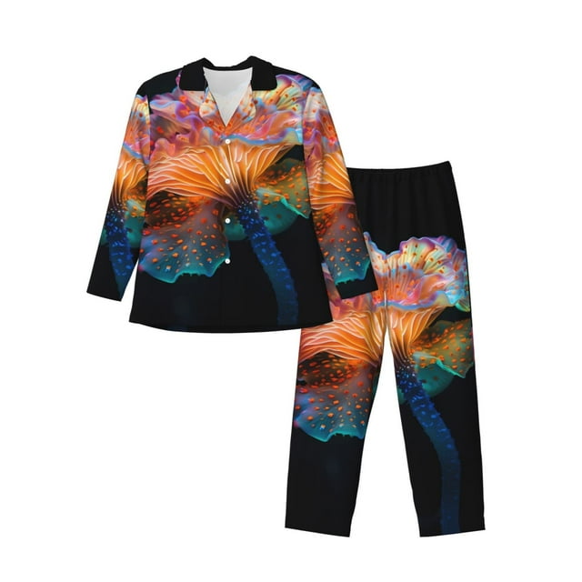 Balery Bioluminescent Underwater Flower Pijama para Hombre de Dos Piezas con Manga Larga, Conjunto de Dormir y Descanso Suave con Bolsillos-Large