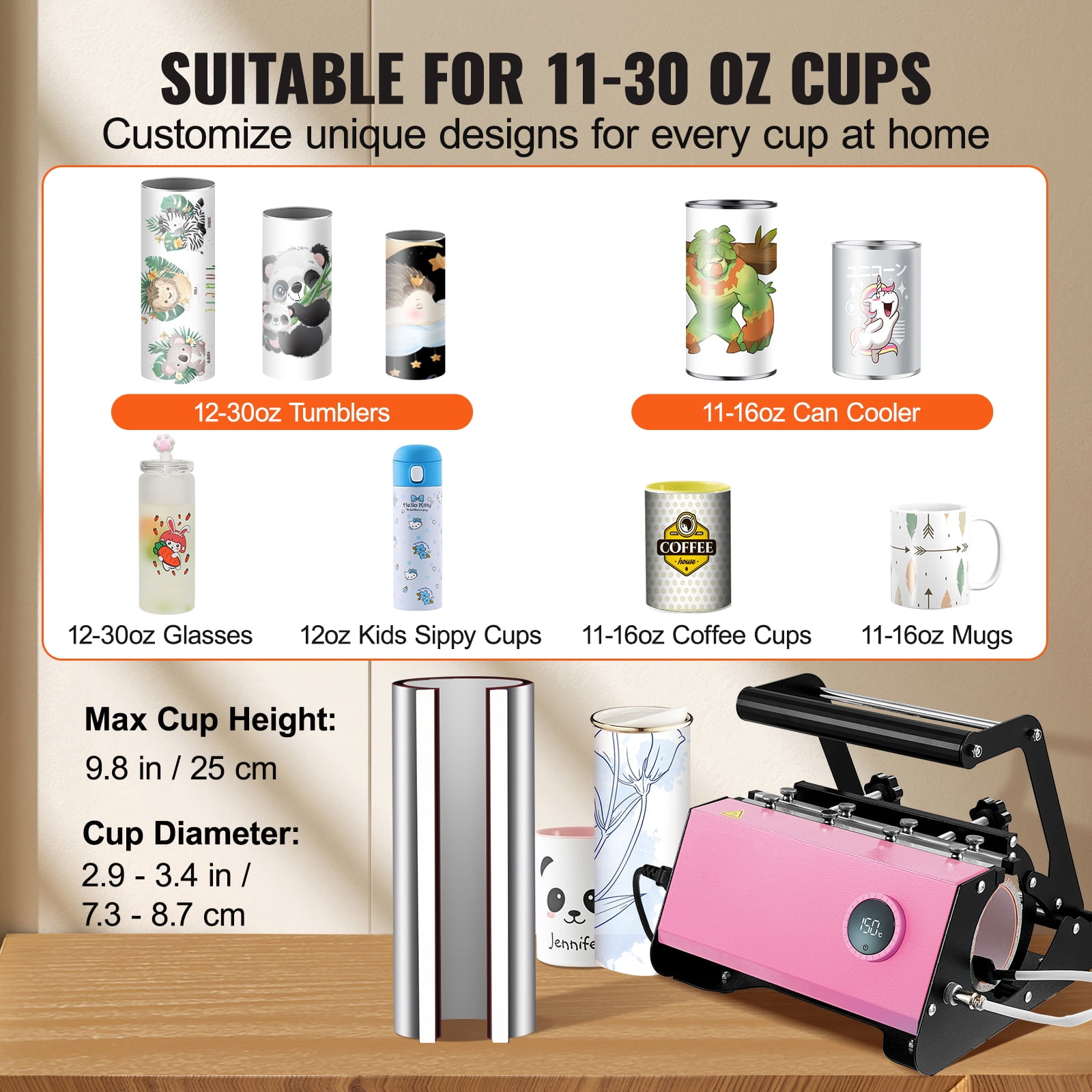 SKYSHALO Tumbler Heat Press, Sublimation Transfer 11-15oz 16-25oz 30oz Straight Skinny Tumblers,30oz Mug Heat Press Machine Cup Heat Mug Press DIY Mug Cup Heat Transfer with Heat-Resist Gloves(Pink)