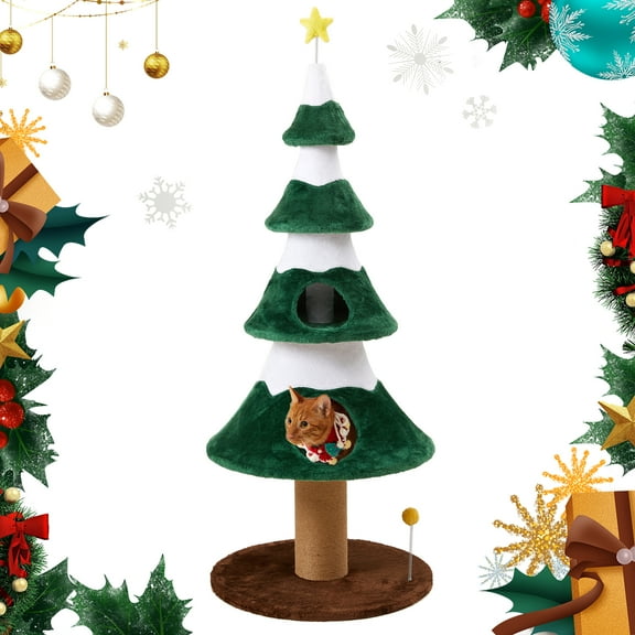 May in Color Christmas Cat Tree for Indoor Cats, Multi-Level Cat Tower with Scratching Posts, Wooden Base & Soft Beds
