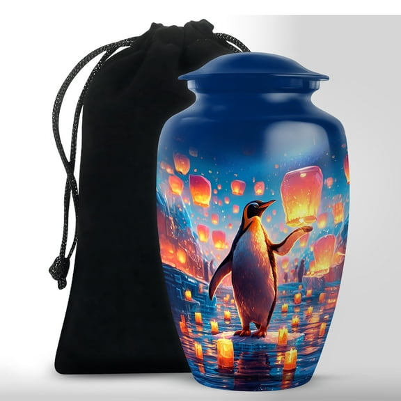 MUKTIVE Penguin Memorial Burial Urns for Adult Ashes Mother & Father, Blue Cremation Funeral Urn for Ashes for Male & Female, Large Sky lantern Urns for Adult Teenager, 10 Inch