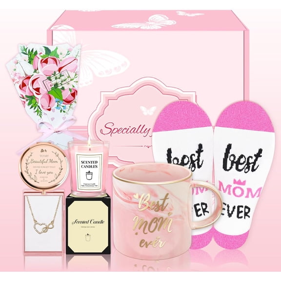Birthday Gifts for Mom, Mom Gifts from Daughter Or Son, Mother's Day Gift Basket, Moms Gift for Valentines, Mothers Day, Christmas, Mother Basket with 12 Oz Ceramic Mug, Mirror, Necklace