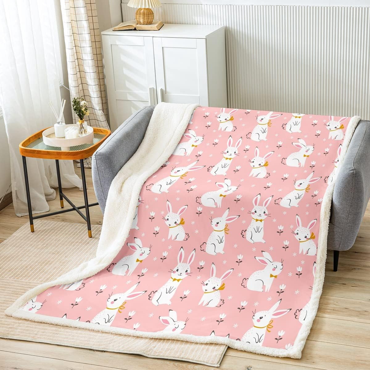 Cute Rabbit Plush Blanket Cartoon Bunny Pink Sherpa Blanket Boys Girls Lovely Little Floral Rabbit Decor Fleece Throw Blanket Botanical Animal Fuzzy Blanket for Sofa Bed Couch,Throw 50x60 Inches