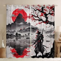 jejeloiu Japanese Samurai Black Out Curtains,Retro Ink Painting Curtains Pack of 2 (42x63 Each),Red Flower Floral Bedroom Curtains For Boys Kids,Microfiber Bedroom Decor