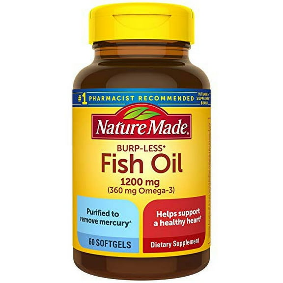 Nature Made Burp-Less Fish Oil 1200 mg, 60 Softgels, Fish Oil Omega 3 Supplement For Heart Health