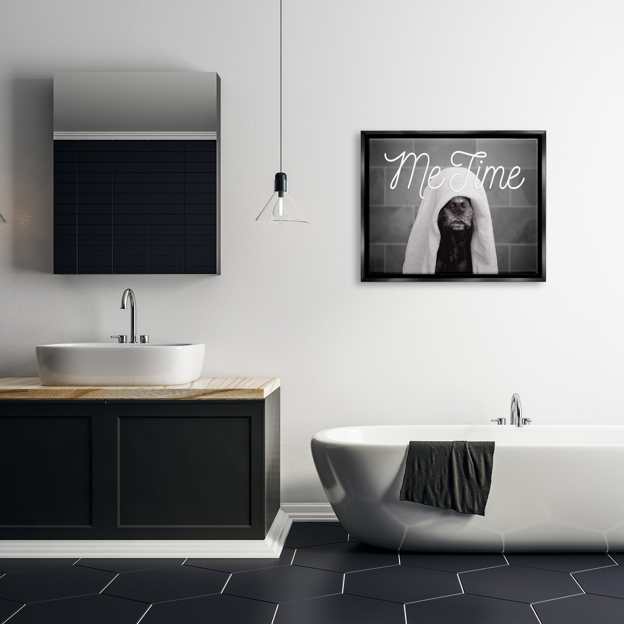 Stupell Industries Me Time Pet Dog Bathroom Portrait Jet Black Framed Floating Canvas Wall Art, 24x30, by Adobe Stock