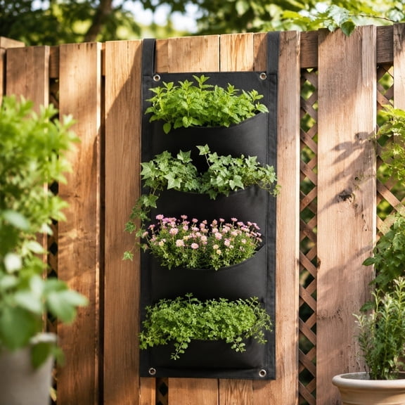 Beautynvta 4-Pocket Vertical Wall Hanging Planter Bags, Felt Hanging Plant Grow Bags, Breathable Wall Mount Planter for Balcony Flowers, Herbs and Vegetables