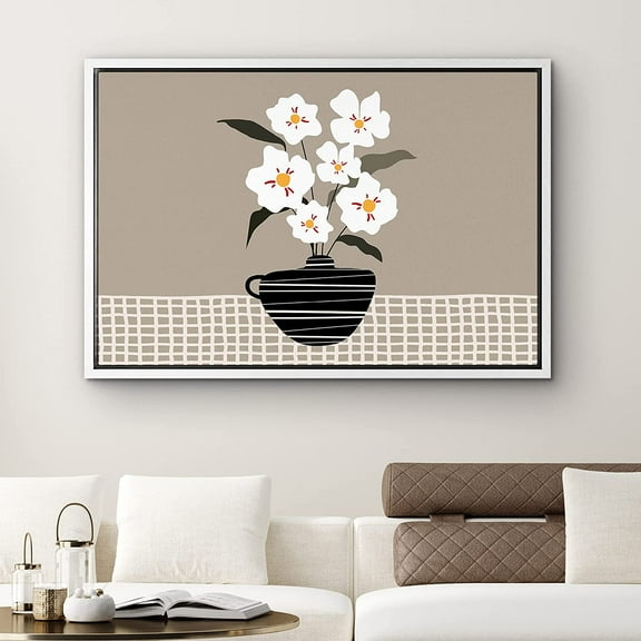 PixonSign Framed Canvas Print Wall Art White Lily Bouquet in Vase Botanical Wilderness Illustrations Expressionism Romantics Relax/Calm Ultra for Living Room, Bedroom, Office - 24"x36" White