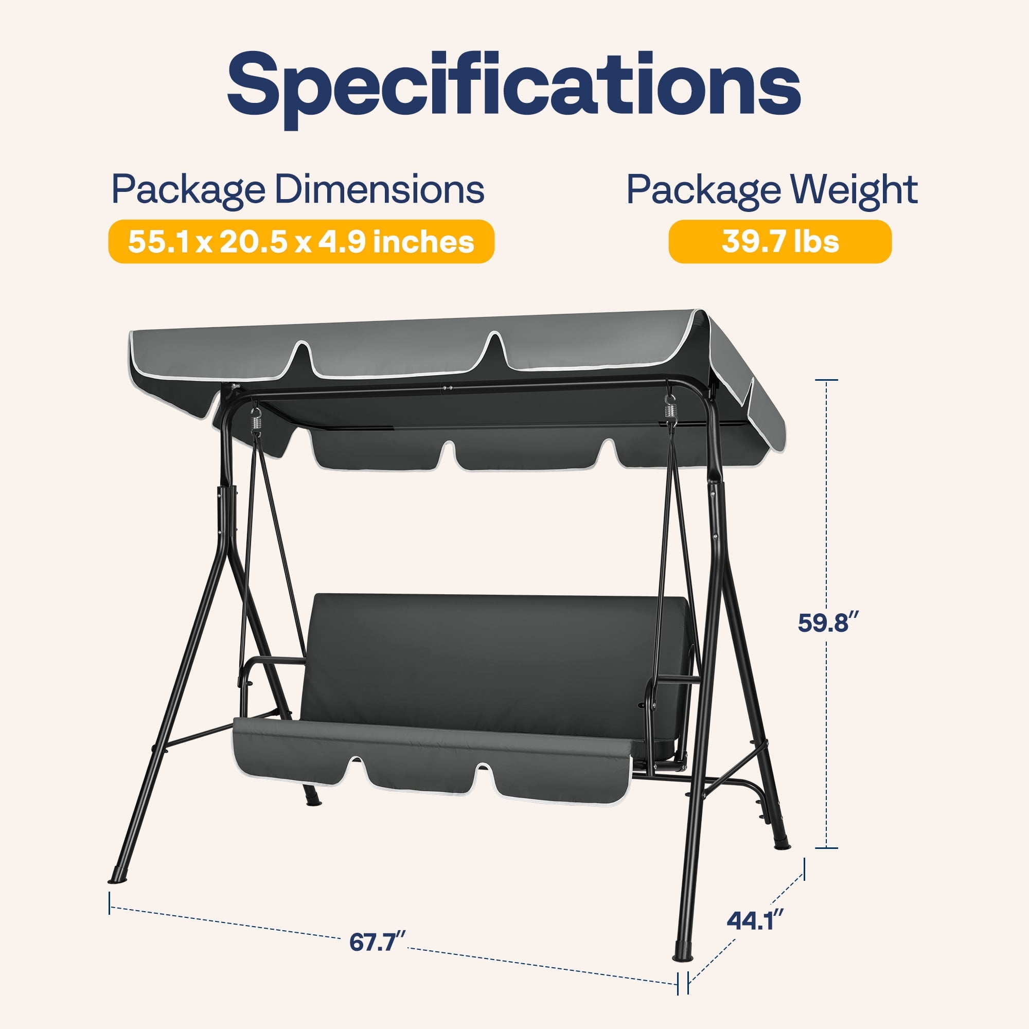 SPECSTAR 3 Seats Patio Porch Swing Chair, Converting Canopy,Removable Cushion,Cushioned Steel Frame Porch Canopy Swing Chair for Patio Garden, Gray