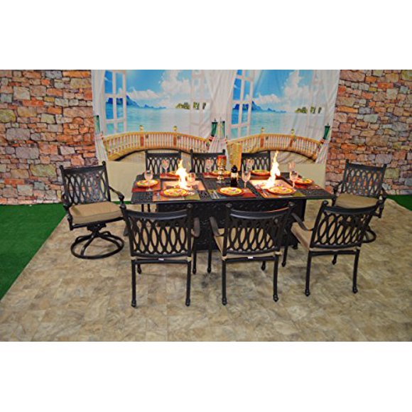 theWorldofpatio Grand Tuscany Ensemble de Salle à Manger 9 Pcs en Aluminium Coulé avec Revêtement en Poudre avec Table de Salle à Manger à Foyer au Propane à Double Brûleur 44"x84 Pouces avec Coussins Sunbrella - Bronze Antique